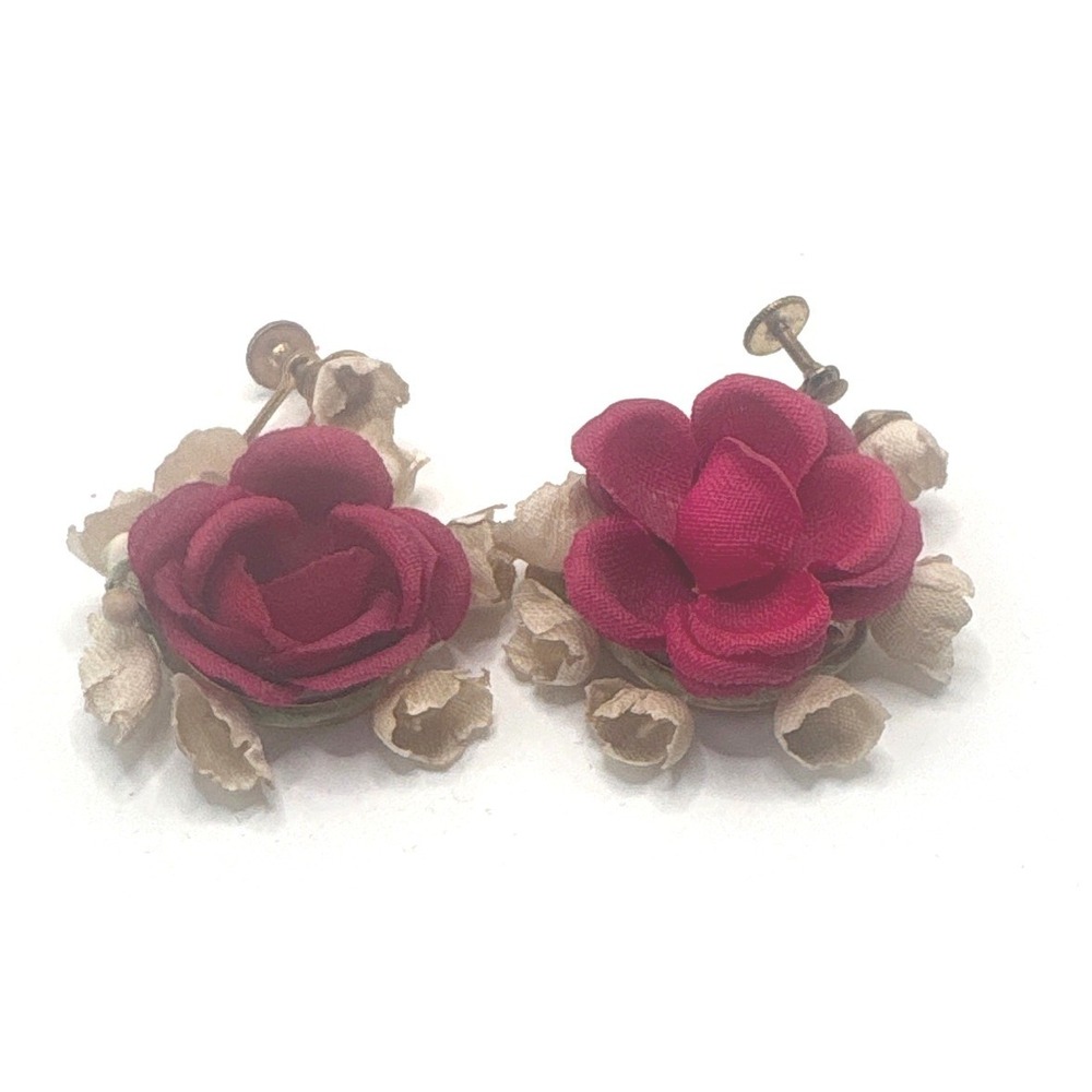 VTG 1940s 50s Fabric Rose Flower Earrings Screw Back Floral Jewelry
